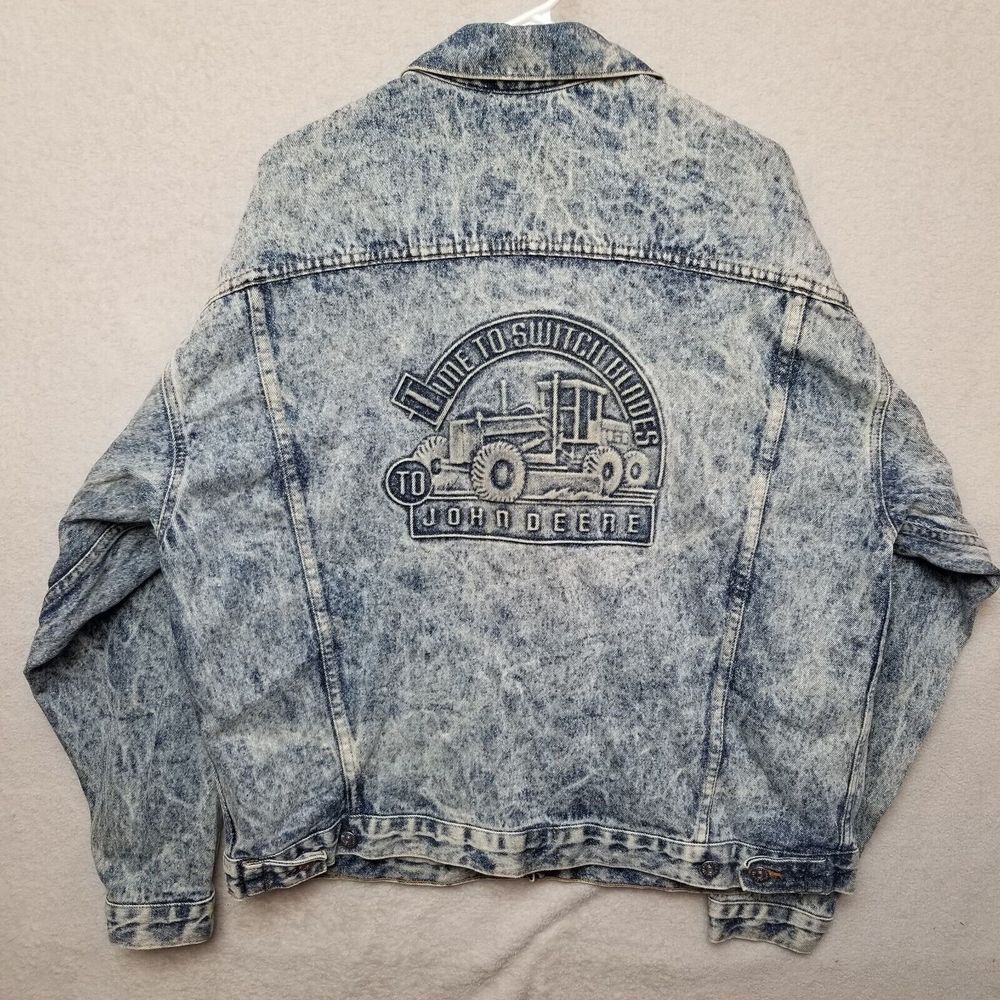 Vintage John Deere‎ Denim Acid Wash Distressed Jean Jacket Mens XL Trucker Coat